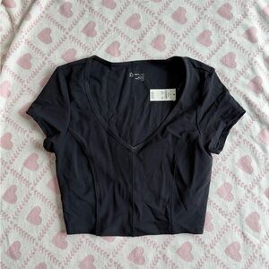 NWT Aerie Black V-Neck Cropped Corset Detail Pilates Tee